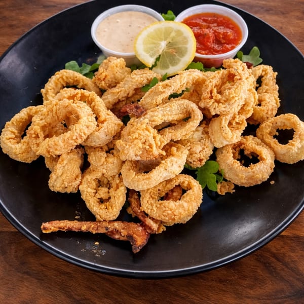 Crispy fried calamari rings with two dipping sauces and a lemon wedge on a black plate.