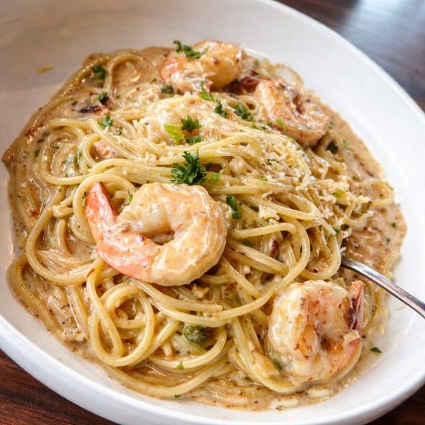 Creamy shrimp scampi pasta with parsley and grated cheese in a white bowl.