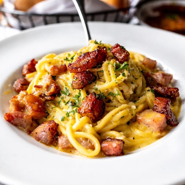Creamy pasta with crispy bacon pieces and fresh parsley in a white bowl.