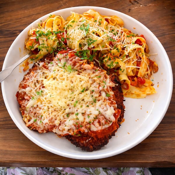 Chicken parmesan with melted cheese and tomato sauce, served with pasta on a white plate.