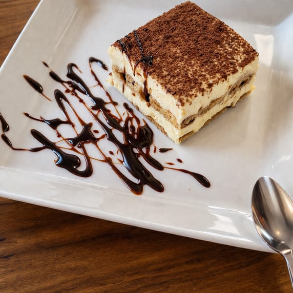 A slice of tiramisu with chocolate drizzle on a white rectangular plate next to a spoon.